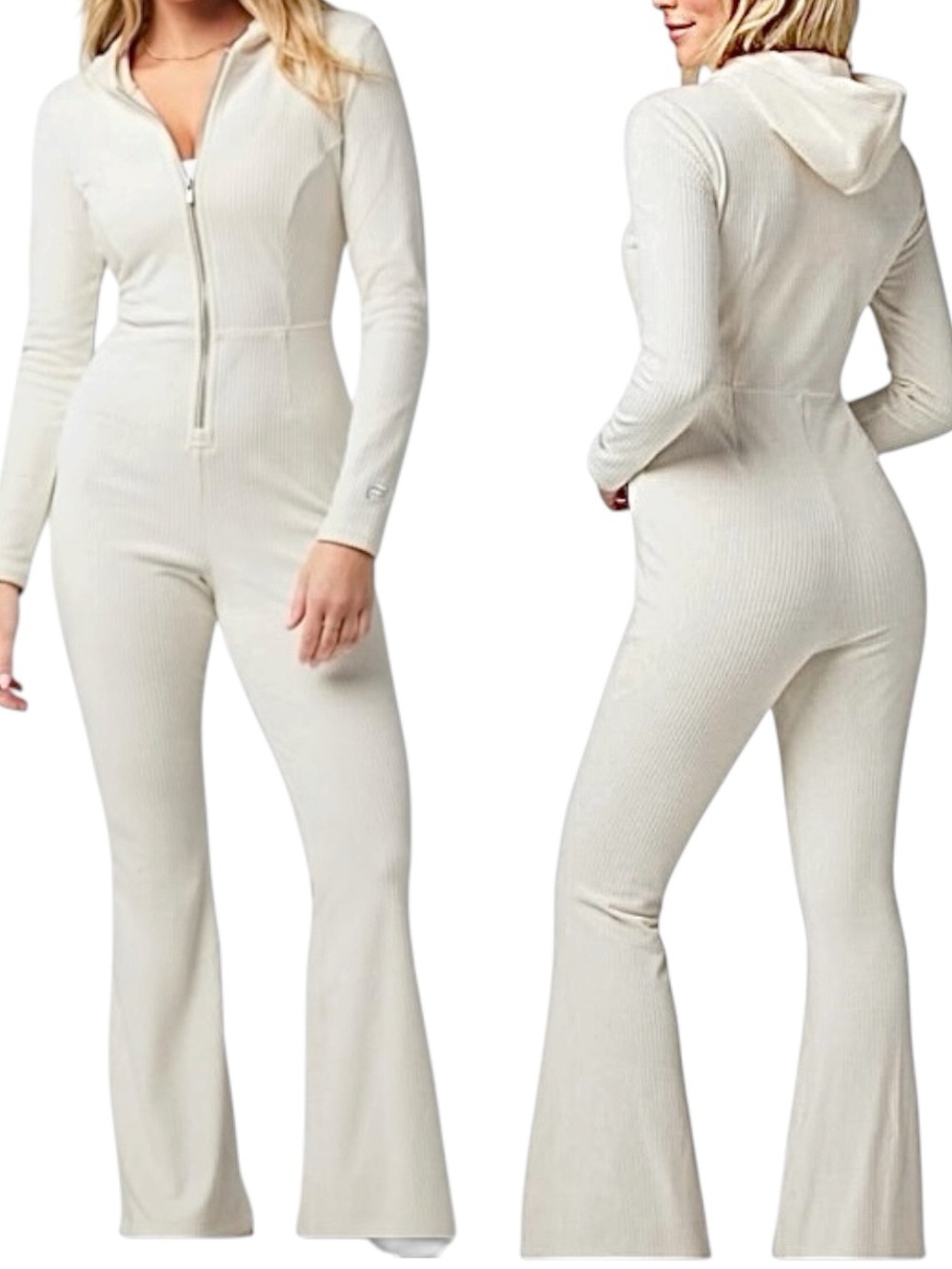 Fabletics Jumpsuit White Plush Rib Hooded Flare Leg 70s Style Onsie Romper Sz XS